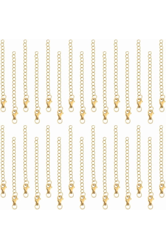 30Pcs Real 18K Gold Plated Extender End Chain Stainless Steel 60mm Curb Chain Extender Chains with Lobster Clasps Open Jump Ring Extension for Jewelry Making Necklaces Bracelet Anklets for DIY
