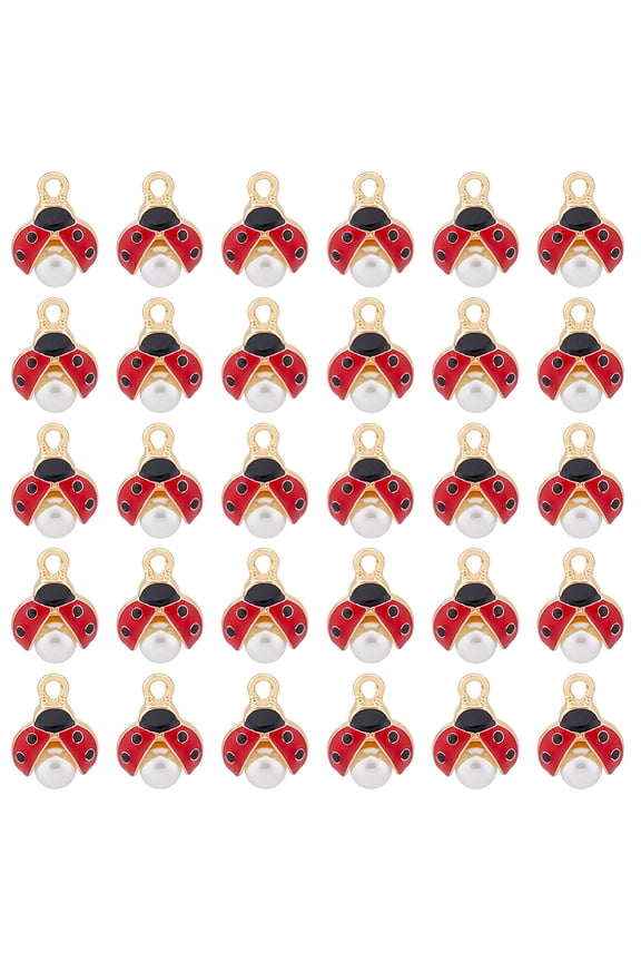 30Pcs Red Enamel Ladybug Pendants Imitation Pearl Bead Alloy Charms Golden Tone Bracelet Earring Charms Flying Insect Loose Dangle
