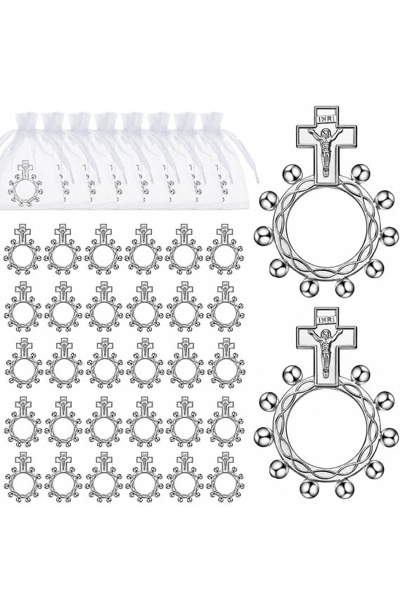 30Pcs Religious Rosary Ring Set With Organza Pouches, Durable Metal Finger Rosary for Catholic Rings & Personal Use, Group Prayers, Christening