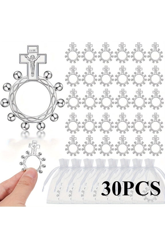 30Pcs Religious Rosary Ring Set With Organza Pouches, Durable Metal Finger Rosary for Catholic Rings & Personal Use, Group Prayers, Christening