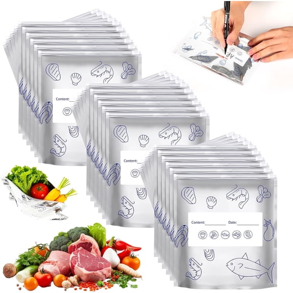 30Pcs Reusable Aluminum Foil Sealable Storage Bags,Resealable Vacuum Zipper Pouches,Thicken Stand Up Foil Sealable Bags with Label and Zip Lock,Aluminum Foil Bags for Food,Vegetable Fruit Meat(Large)