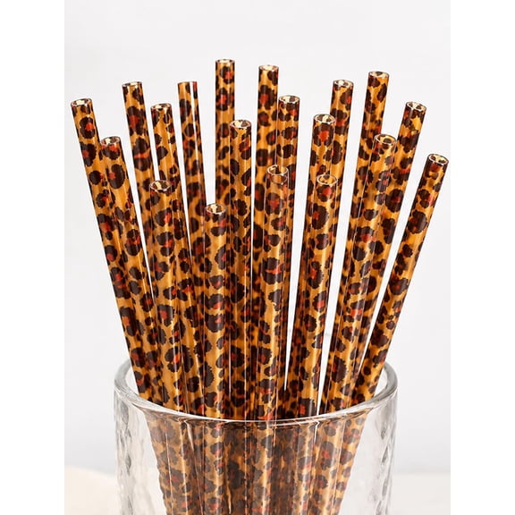 30Pcs Reusable Brown Leopard Straws Long Straws with Cleaning Brushes Plastic Cheetah Animal Straws Brown Leopard Print Drinking Straws for Tumblers Cups Safari Wild Favors Birthday Party Supplies
