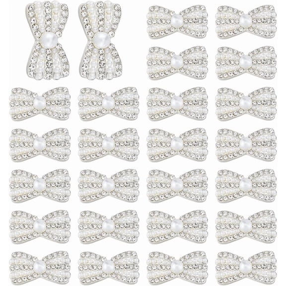 30Pcs Rhinestone Buttons 12x21MM Pearl Diamond Buttons Elegant Alloy Bowknot Button with Plasitc Imitation Pearl Beads