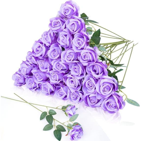 30Pcs Roses Artificial Flowers Bouquet, Black Fake Silk Rose with Long Stem Realistic Single Stem Flowers for DIY Wedding Arrangement Party Centerpieces Home Decoration