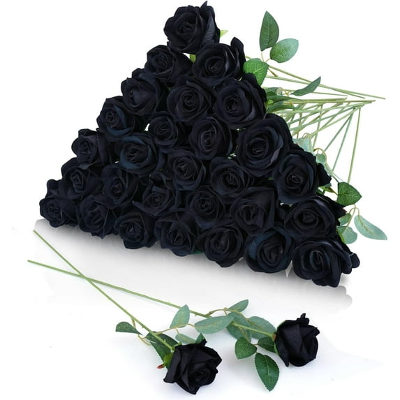 30Pcs Roses Artificial Flowers Bouquet, Black Fake Silk Rose with Long Stem Realistic Single Stem Flowers for DIY Wedding Arrangement Party Centerpieces Home Decoration