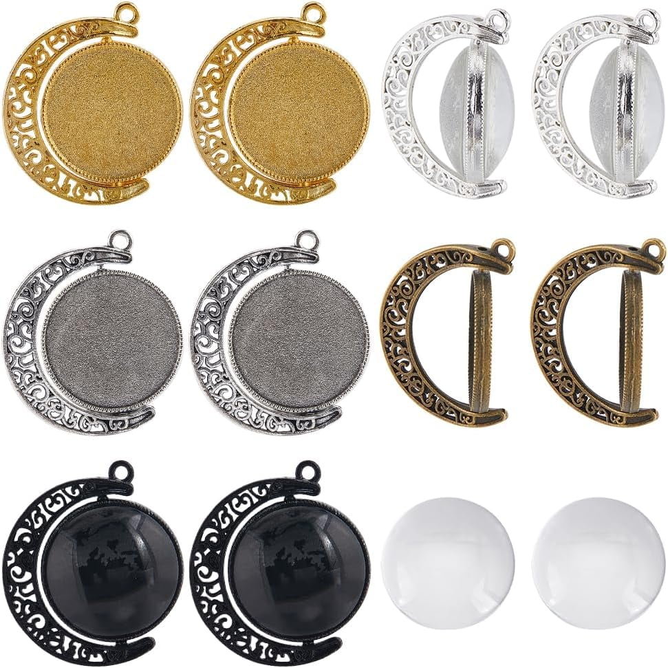 30Pcs Round Cabochon Tray Cabochon Bezel Settings Double Sided Moon Shaped Cabochon Set Large Clear Glass Cabochons Rotation Trays Vintage Style Bezel Base Blanks for Jewelry Making Kits