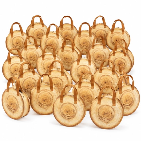 30Pcs Rustic Wood Grain Treat Bags, 10 Inch Non Woven Party Favor Bags with Handles, Round Woodland Gift Bags for Birthday Celebration, Baby Shower, Event Favors, Snacks and Small Gifts