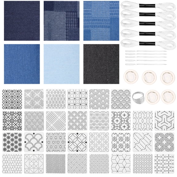 30Pcs Sashiko Stencils Kit Complete Sashiko Thread and Needles Thimble Set Denim Fabric Embroidery Kit for Beginners Hand Quilting