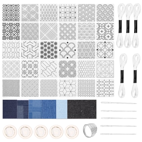 30Pcs Sashiko Stencils Kit Jeans style Sashiko Thread and Needles Thimble Set Denim Fabric Embroidery Kit for Beginners Hand Quilting