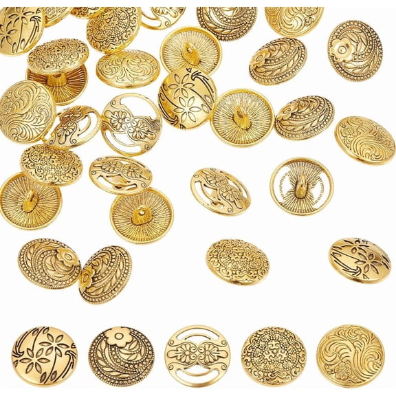 30Pcs Shank Buttons 5 Styles Alloy Vintage Decorative Metal Buttons with Flower Pattern Assorted Button