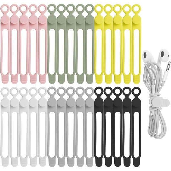 30Pcs Silicone Cable Ties for Bundling Earphone, Phone Charger, Computer Cords, Reusable Cord Organizer Cable Management in Home,Office,Kitchen,School (6 Colors)