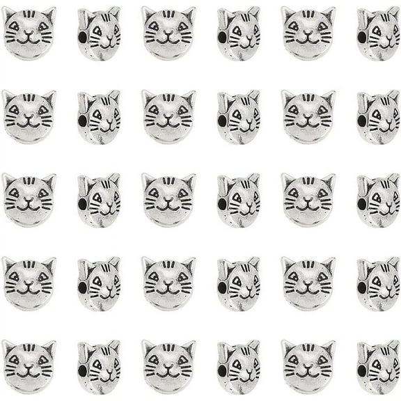 30Pcs Silver Cat Beads Bulk Small Cat Spacer Beads 2mm Hole Bracelet Bead Tibetan Flat Cats Bead Cute Kitty Charms for DIY DIY Bracelet Necklace Jewelry Making Craft