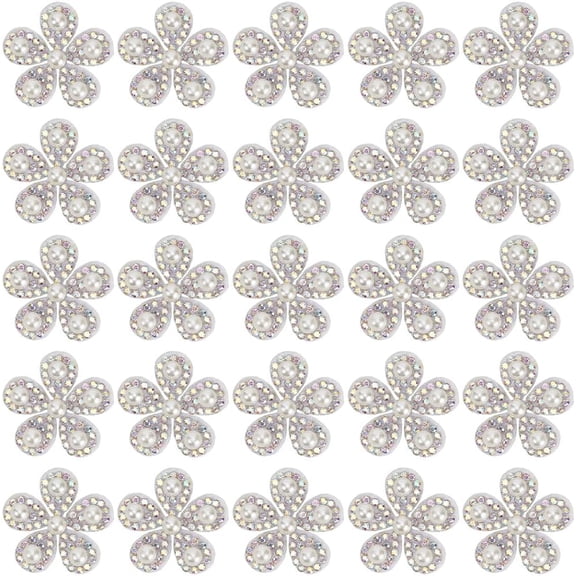 30Pcs Silver Flower Shaped Diamond Applique With Pearls Sparkle Rhinestone Floral Patches Sew On Glitter Beaded Appliques
