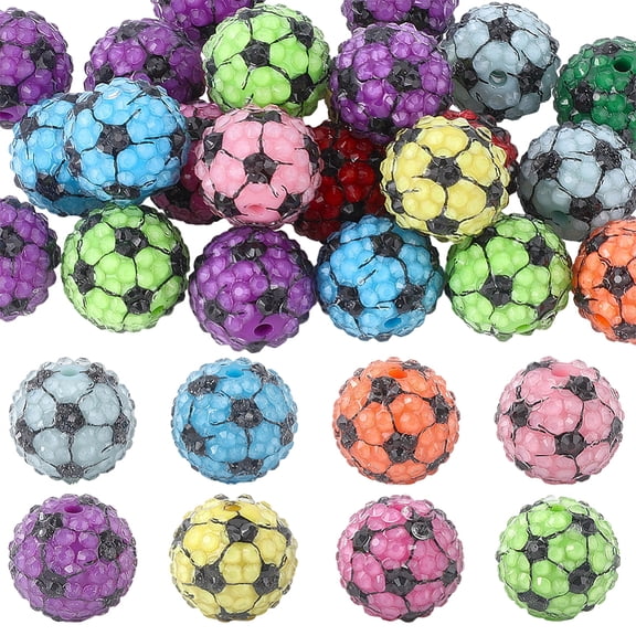 30Pcs Soccer Ball Beads Rhinestone Ball Bead Bulk Resin Colorful Random 3D Round Plastic Focal Small Sport Loose Spacers DIY