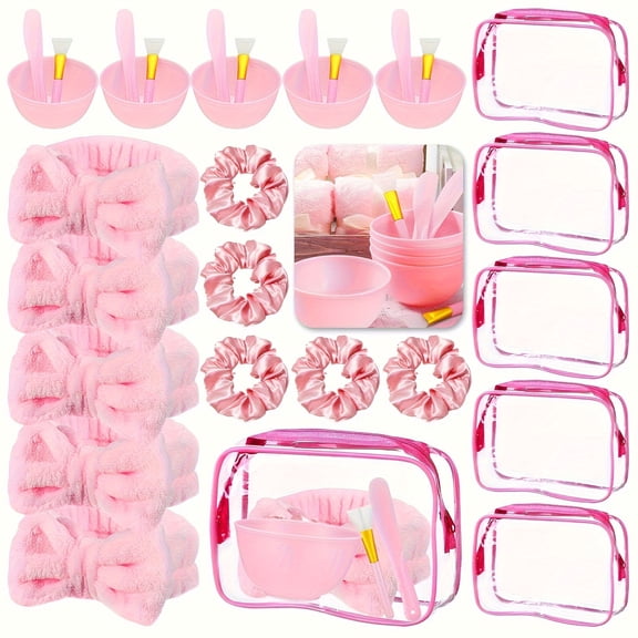 30Pcs Spa Party Favors (5 Sets) - Overnight Skincare & Makeup Removal Kit with Mask Bowls, Brushes, Headbands, Scrunchies & Gift Bags - Bachelorette, Sleepover & Bridal Shower Supplies