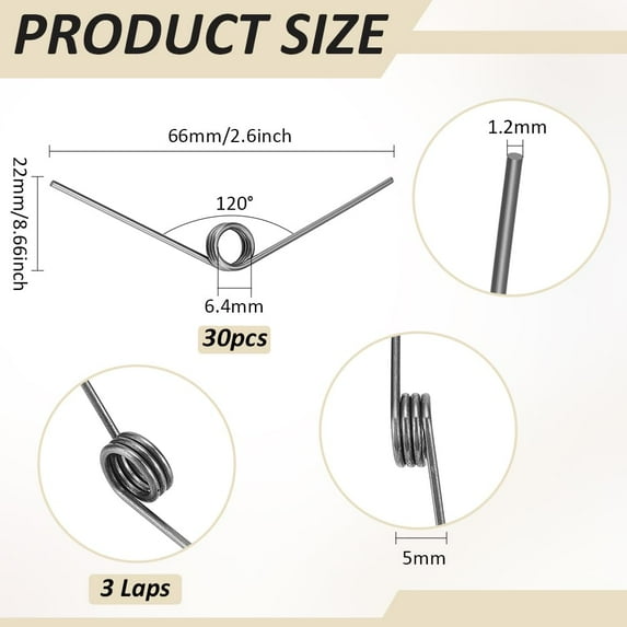 30Pcs Stainless Steel Torsion Springs 1.2mm Wire Diameter 9mm OD 120° Deflection Mechanical Torsion Springs for Woodworking DIY Project