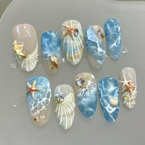 30Pcs Summer Beach Press on Nails Almond Medium Fake Nails Blue Sea French False Nails Press ons Ocean Shell Acrylic Nails with 3D Cat Eye Glue on Nail for Women Girls Manicure Deco