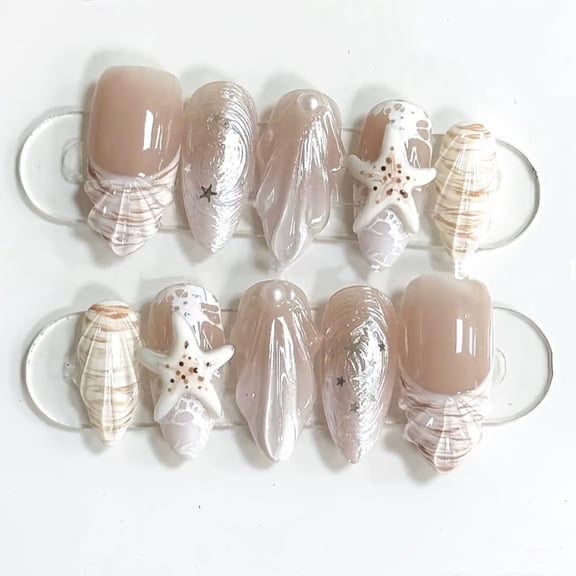 30Pcs Summer Beach Press on Nails Medium Almond Nail French Tip Fake Nails with 3D Pearl Seashell Designs Stick on Nails Cute Starfish False Nail Ocean Acrylic Nails French Glue on Nails for Women