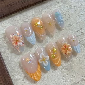 30Pcs Summer Beach Shell Hand-Painted Press-On Nails, 3D Stereoscopic Flower, Butterfly & Heart Design, High-Quality Removable Nail Tips for Women