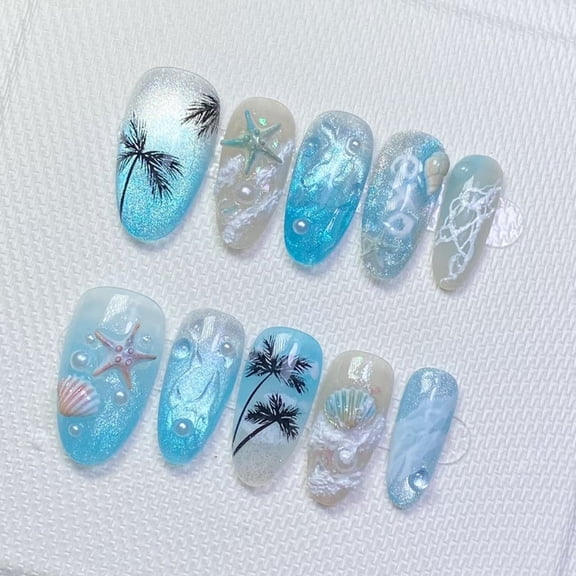 30Pcs Summer Beach Shell Hand-Painted Press-On Nails, 3D Stereoscopic Flower, Butterfly & Heart Design, High-Quality Removable Nail Tips for Women