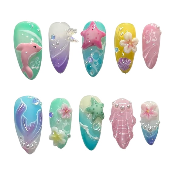 30Pcs Summer Press on Nails Medium Almond Fake Nails with 3D Flower Designs Starfish False Nails Heart Butterfly Lemon Stick on Nails Ocean Beach Acrylic Nails Pearl Floral Glue on Nails for Women-M