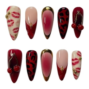 30Pcs Summer Press on Nails Medium Almond Fake Nails with 3D Flower Designs Starfish False Nails Heart Butterfly Lemon Stick on Nails Ocean Beach Acrylic Nails Pearl Floral Glue on Nails for Women-D