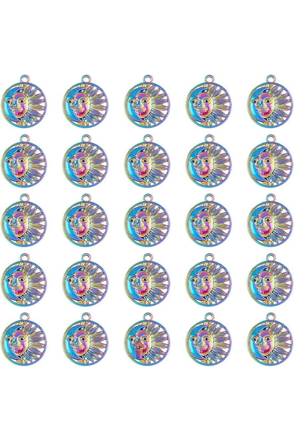 30Pcs Sun Face Charms 3D Flat Round with Sun Charms Rainbow Celestial Sun Moon Pendants Textured Alloy Pendants Astronomy Charm