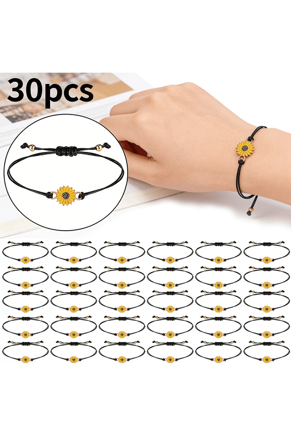 30Pcs Sunflower Braided Bracelets Set, Adjustable Handmade Friendship Bracelets for Women and Couples, Bohemian Rope Charm Bracelets Bulk, Spring Easter Gift Bracelets for Friends Family Jewelry