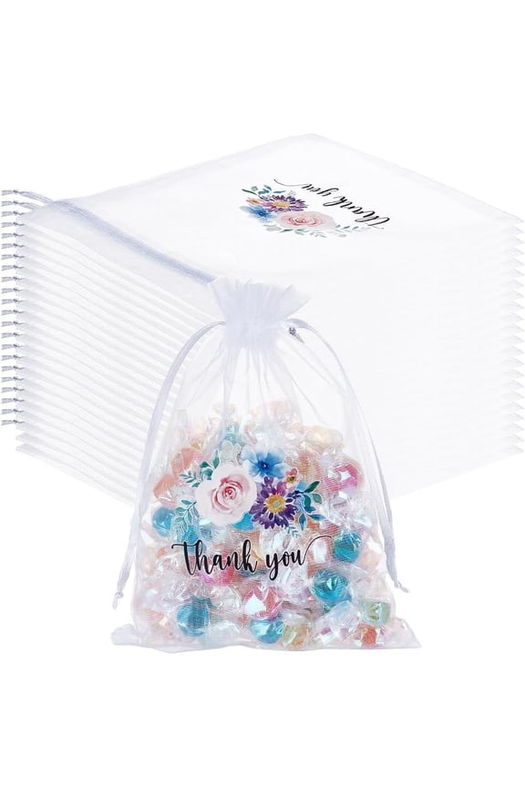 30Pcs Thank You Organza Bag 5x7 Inch Small Mesh Bags with Drawstring White Sheer Wedding Party Favor Gift Bags Flower Jewelry Mesh Pouch for Candy Storage Christmas Birthday Gifts Wrapping