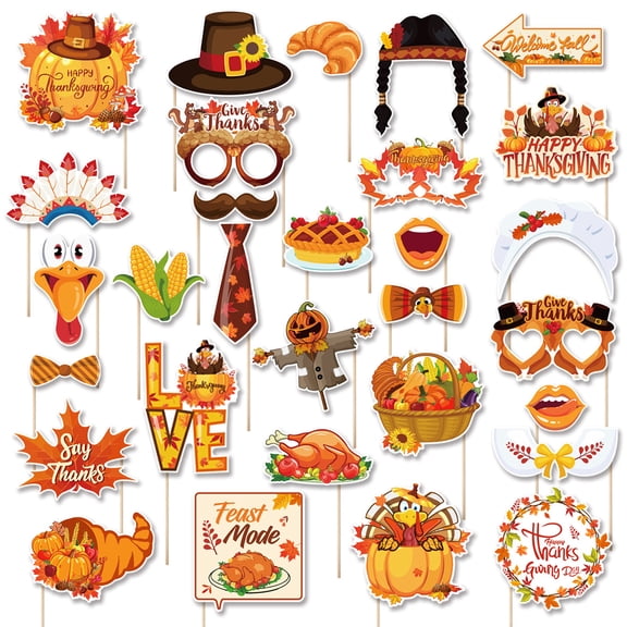 30Pcs Thanksgiving Day Photo Booth Props Kit, Thanksgiving Day Party Decorations Fall Harves Decorations Selfie Props with Stick for Turkey Pumpkin Party Decorations, Funny Thanksgiving Day