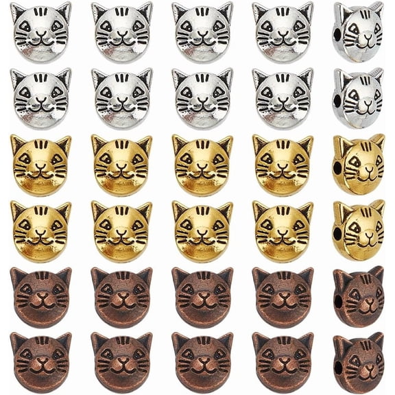 30Pcs Tibetan Cat Spacer Beads 2mm Hole Cat Head Beads Metal Cats Charm Bead Small Flat Kitten Loose Spacer Bead 3 Colors for DIY Bracelets Necklace Jewelry Making Craft for DIY