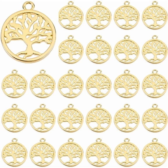 30Pcs Tree of Life Charms Hollow Brass Charms Antique Flat Round Tree of Life Pendants 18K Gold Plated Christmas Tree Charms for Jewelry Making Crafts Hole: 1.6mm DIY