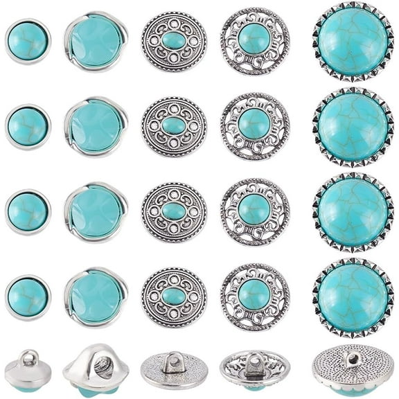 30Pcs Turquoise Buttons 5 Styles Round Metal Decorative Buttons Vintage Western Style Turquoise Replacement Buckle with 1-Hole for DIY Craft Leather Belt Bags Decor Alloy