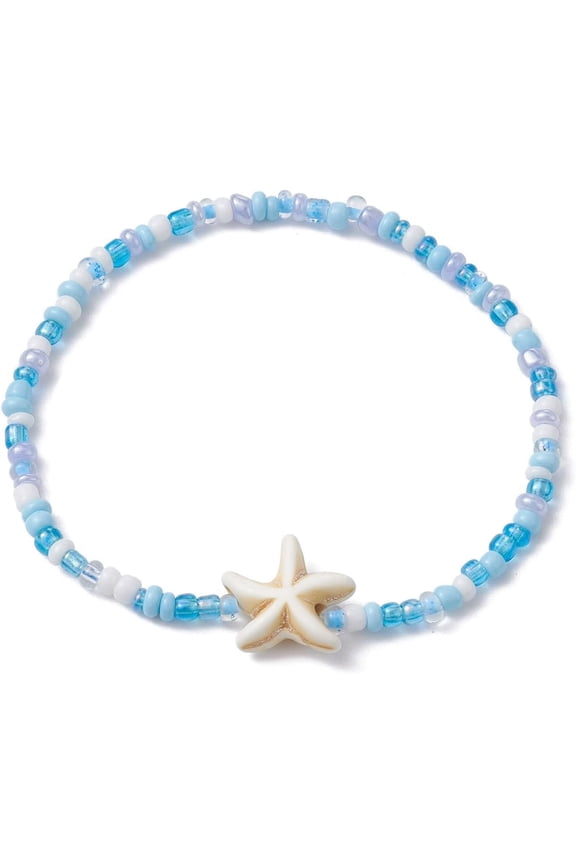 30Pcs Turquoise Starfish Beaded Stretch Bracelet White Cuff Bangles Bracelets Ornament for Women DIY Necklace Bracelet Earring Jewelry Craft Making Inner Diameter: 2-1/4 inch(5.6cm) Making DIY