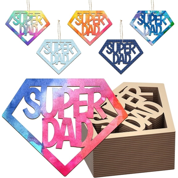 30Pcs Unfinished Wood Crafts – Father's Day DIY Cutouts, Dad Birthday Present Gift Tags, Wooden Letter Ornaments, Paintable Blank Hanging Wood Slices for Kids Art Crafts, Party Decor for Daddy