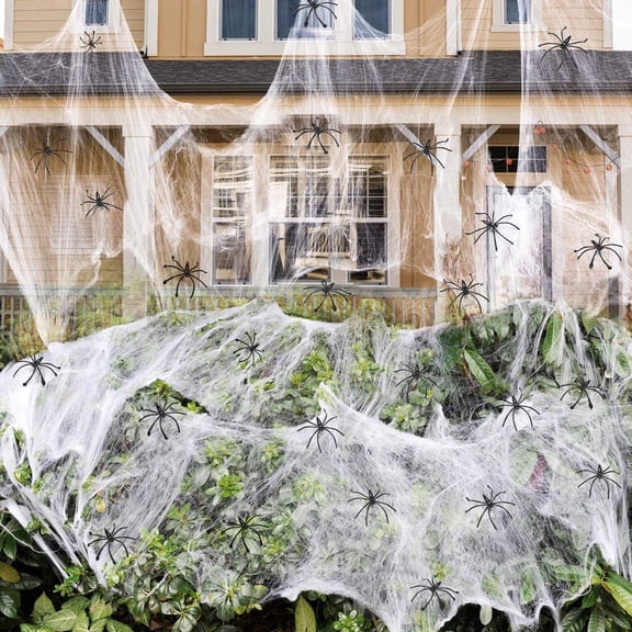 30Pcs White Spider Web With Faux Spiders Halloween Prop, Spooky Haunted House Display For Wall Yard Trick Or Treat Party, Stretchable Reusable Durable Display For Holiday Party Guests Kids