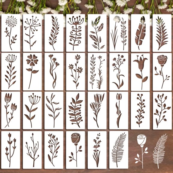 30Pcs Wildflower Leaf Stencils Plastic Art Drawing Templates DIY Craft Kit 3x6inch