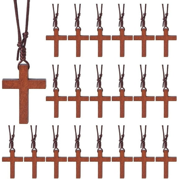 30Pcs Wood Cross Necklace Bulk Easter Wooden Cross Pendant Necklace Coconut Brown Crucifix Necklaces Small Prayer Necklace Nylon Cord Wrap Bracelet for Bible Verse Party Favor