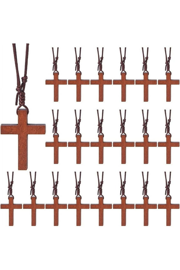 30Pcs Wood Cross Necklace Bulk Easter Wooden Cross Pendant Necklace Coconut Brown Crucifix Necklaces Small Prayer Necklace Nylon Cord Wrap Bracelet for Bible Verse Party Favor