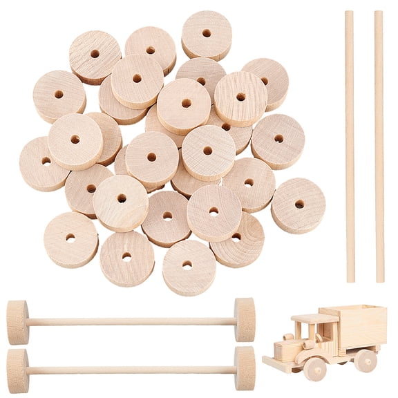 30Pcs Wooden Craft Wheels 1.1x0.4 Inch With 15Pcs 5.9 Inch Sticks - Small Flat Wood Wheels for DIY Model Cars and Crafts Supplies