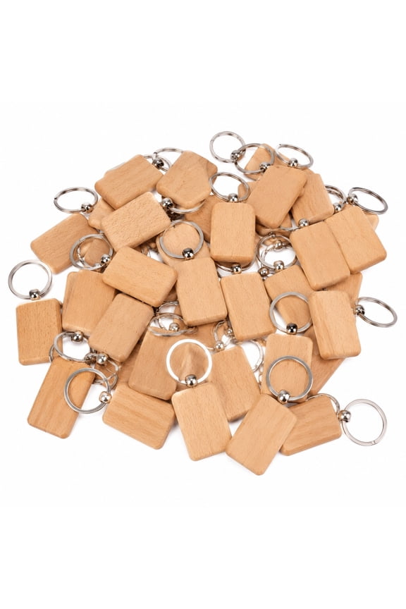 30Pcs Wooden Keychain Blanks with Metal Key Rings, Unfinished Rectangle Wood Keychains for Laser Engraving, Wood Burning, Painting & Personalized Craft Projects
