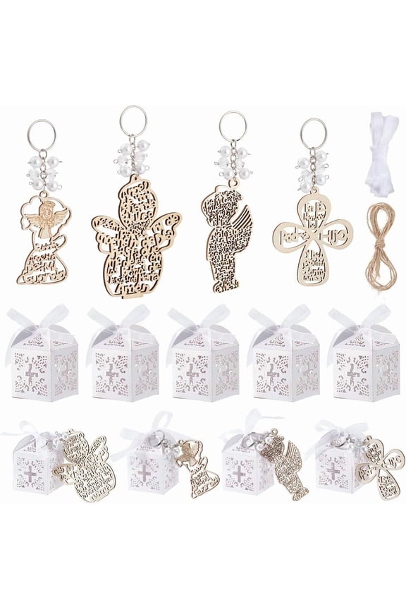 30Pcs Wooden Keychain Snowman Angel Fairy Shape Wood Keychains with Imitation Pearls and Iron Rings Angel Charm Key Ring