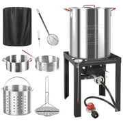 30QT & 10QT Outdoor Turkey Fryer | Seafood Boil Pot | Cover & Skimmer Included | 50,000BTU Propane Burner | Aluminum Deep Fryer Pot with Basket | Crab, Seafood & Crawfish Boiler