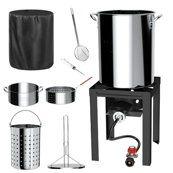 30QT & 10QT Turkey Fryer Kit,Stainless Steel Boil Pot,Waterproof Cover & Skimmer,55,000BTU Propane Burner,Turkey Deep Fryer Pot,Outdoor Fish Fryer,Crawfish Boiler