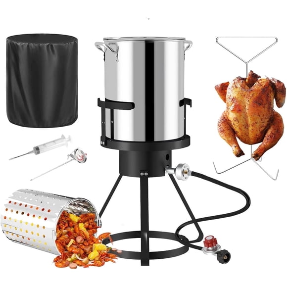 IVY&LANE 30QT Stainless Steel Outdoor Turkey Fryer, 50,000 BTU Propane Burner with Frying Basket & Waterproof Cover, for Turkey Frying & Crawfish Boiling