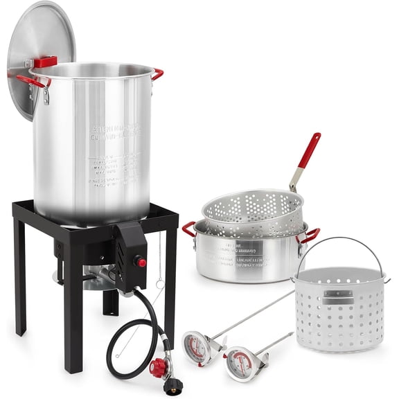 30QT Turkey Fryer & 10QT Fish Fryer Combo Kit - 50,000 BTU Propane Burner, Aluminum Seafood Crawfish Boiler Pot with Basket & Stove Burner Stand for Camping, Outdoor Parties