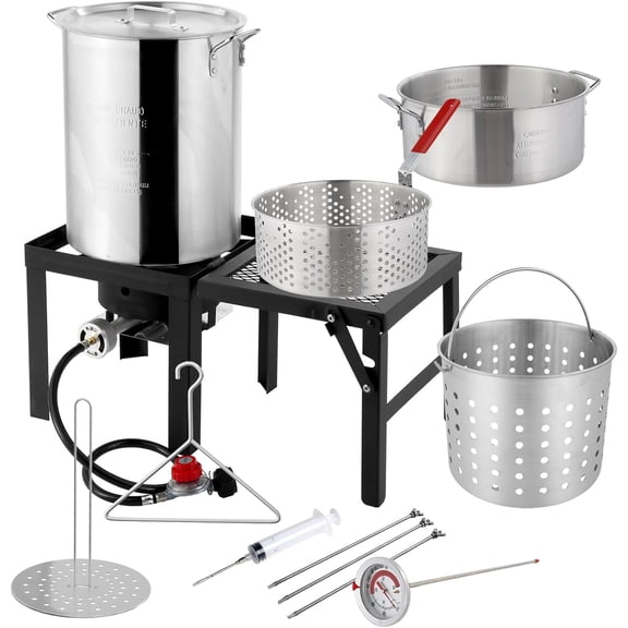30QT Turkey Fryer and 10QT Fish Fryer Kit, 54000BTU Propane Gas Stove with Foldable Side Table, Outdoor Aluminum Deep Fryer Pot for Seafood Boiling with Lifting Hook, Turkey Rack & Thermometer