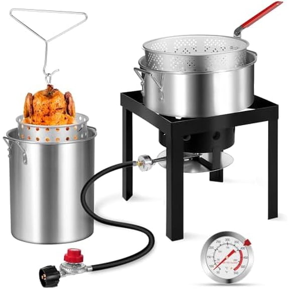 30QT Turkey Fryer & 10QT Fish Fryer Kit, Turkey Fryer Pot with Baskets and 50,000 BTU Propane Burner Stove for Party, Courtyard & Outdoor$$Garden & Patio