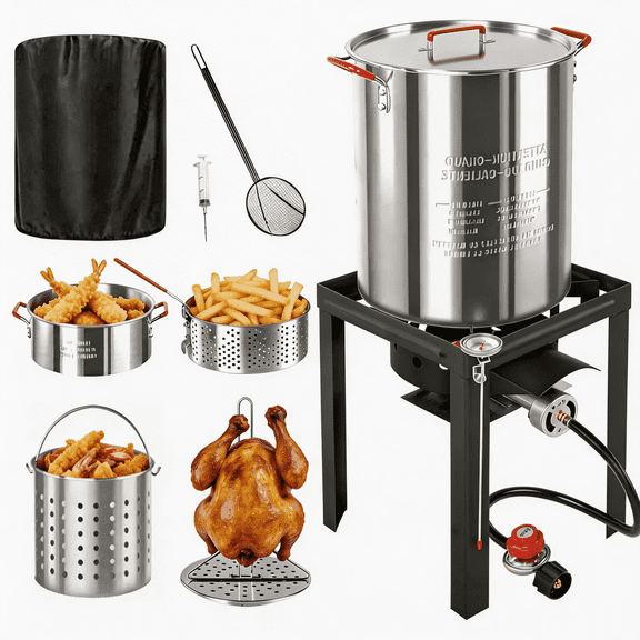 30QT Turkey Fryer & 10QT Fish Fryer Kit, Waterproof Cover & 12-inch Skimmer, 50,000BTU Propane Burner Stove, Aluminum Turkey Fryer Pot, Outdoor Deep Fryer, Crawfish Boiler with Basket