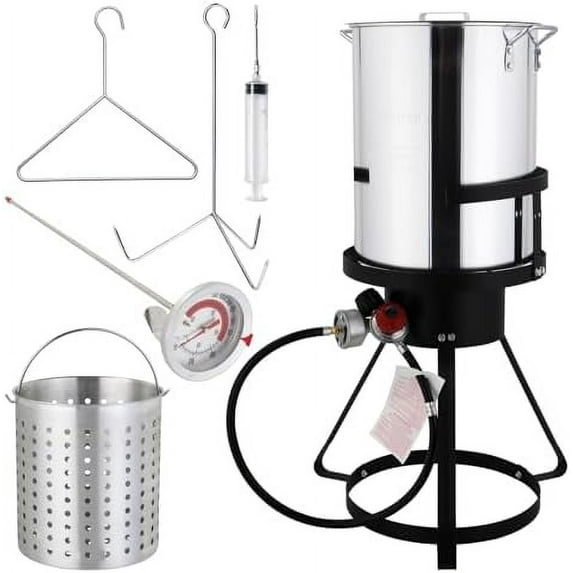 30QT Turkey Fryer with Basket and Propane Gas Burner Set, Seafood Boil Pot, Crawfish Boiler, Aluminum Turkey Deep Fryer with Basket and Burner for Outdoor Cooking, For Boiling and Frying